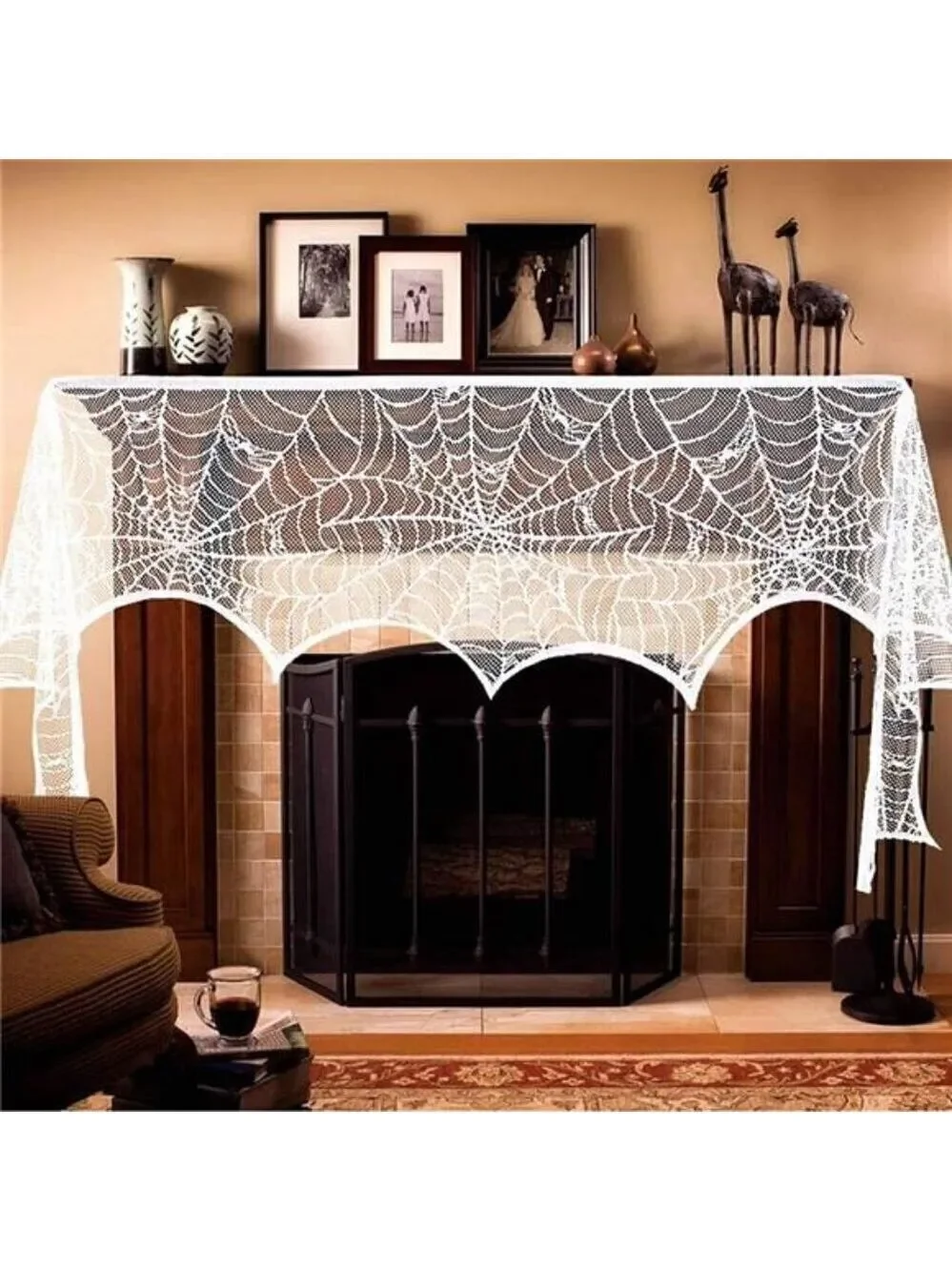 Halloween Decorations Indoor Fireplace Mantel Scarf, White Lace Spiderweb Fire